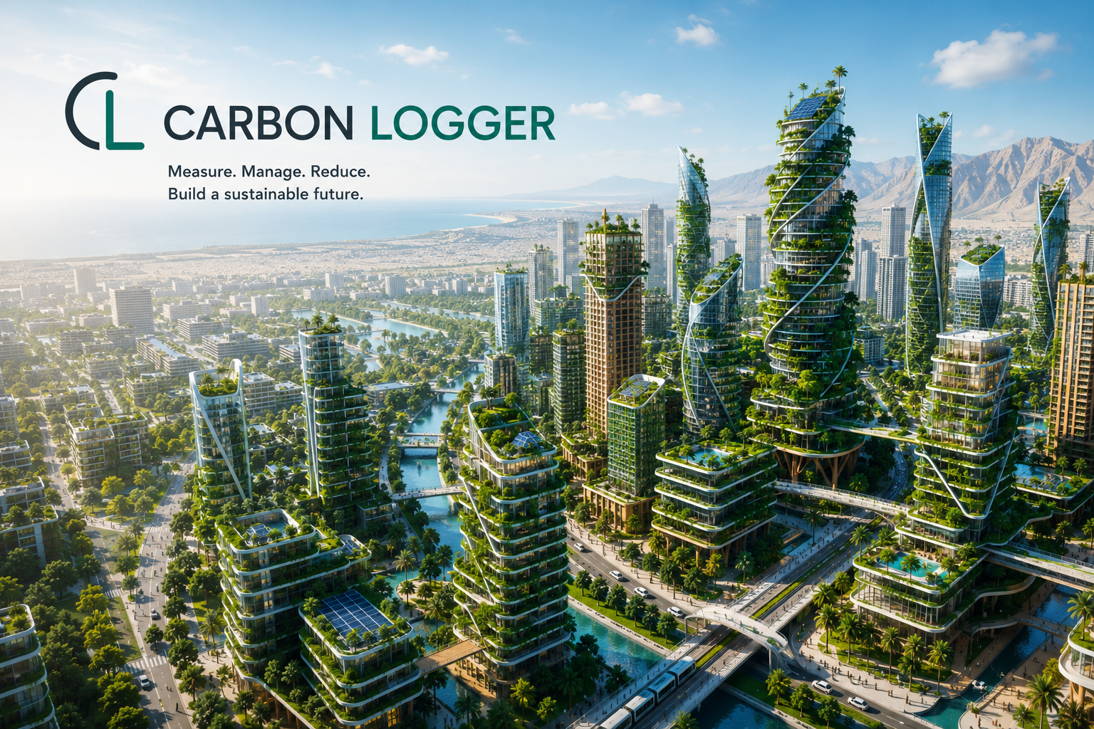 Sustainable city skyline representing Carbon Logger's mission