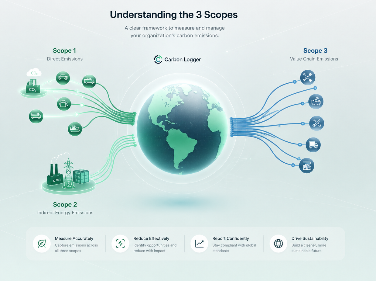 Carbon Logger platform showing the 3 Scopes of emissions